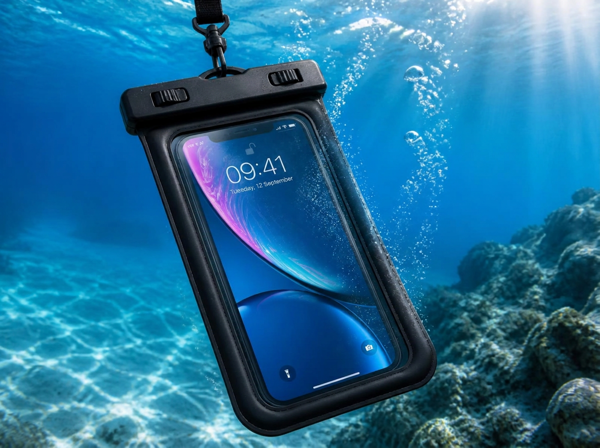 HydroPeak waterproof phone case submerged in clear turquoise water with the phone screen visible